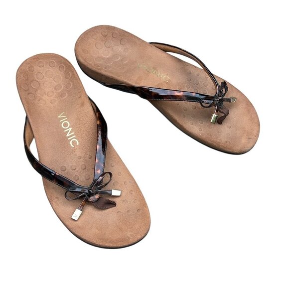 Vionic Belle II Tortoise Print Bow Toe Post Thong Sandals Size 8 - Picture 7 of 7